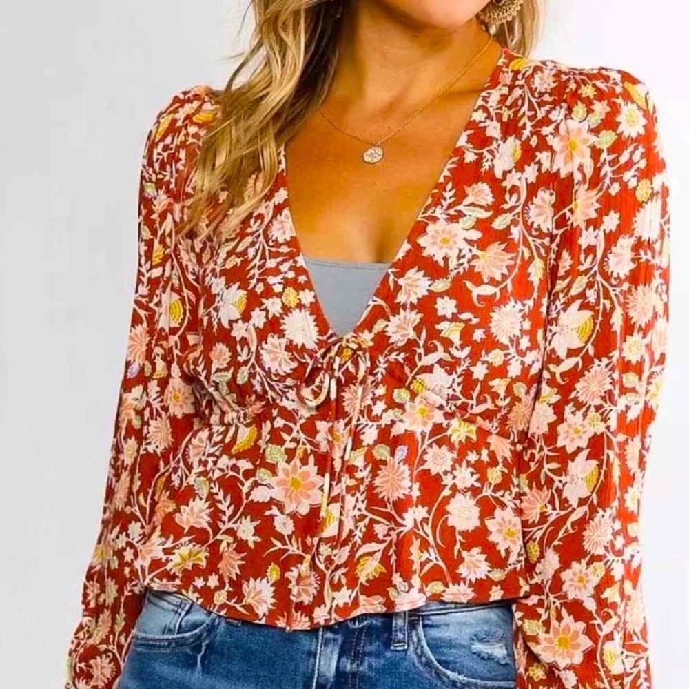 Time Goes By Cropped Peplum Deep V  Top in Red Clay Floral, size Large